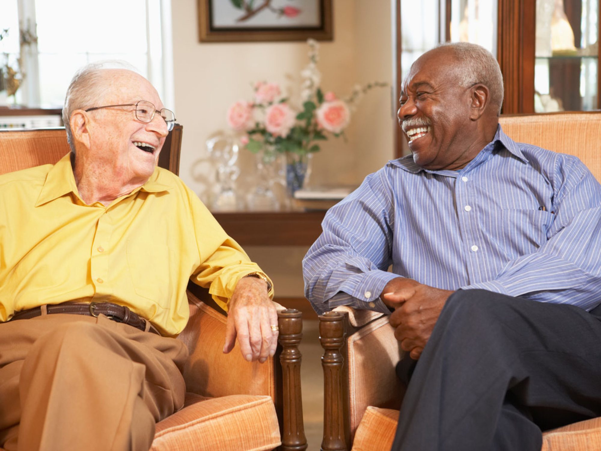 An older white man and an older black man talking happily.