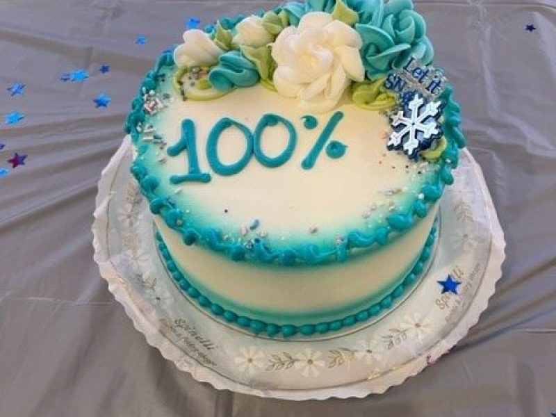 A cake with 100% written in icing.